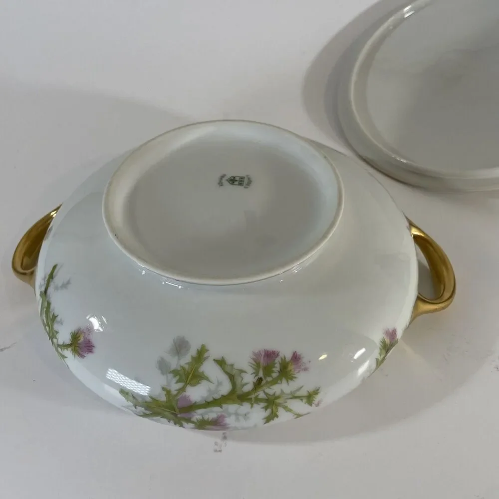 Limoges France Covered Vegetable Bowl Thistle Floral Gold Trim Porcelain